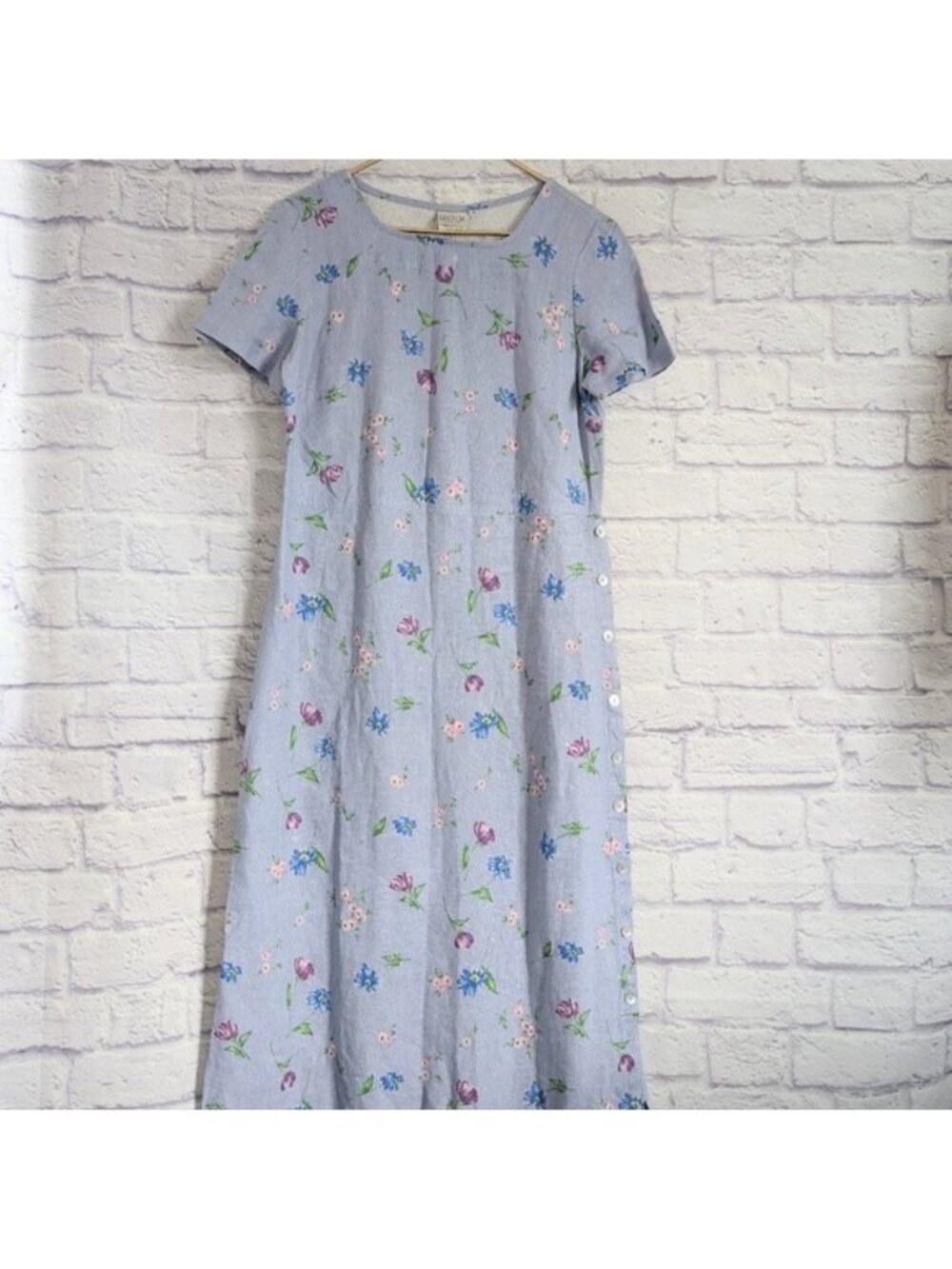 Match Floral Linen Midi Dress 4 Blue Pink Purple Short Sleeve Cottagecore 90s